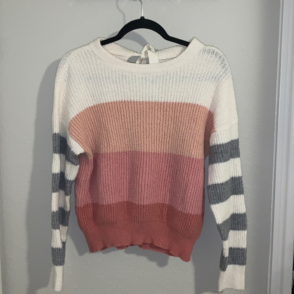 pink striped sweater with bow detail
